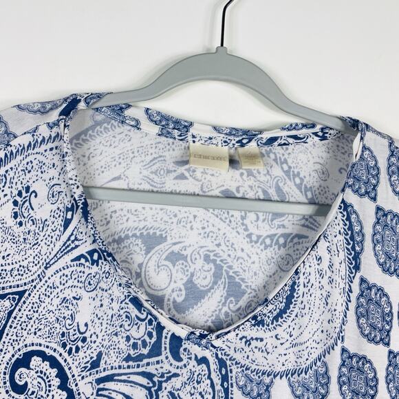 Chico's Size XL 16 3 Printed Journey Tiles V-Neck Tee Top Blue White - Picture 3 of 5